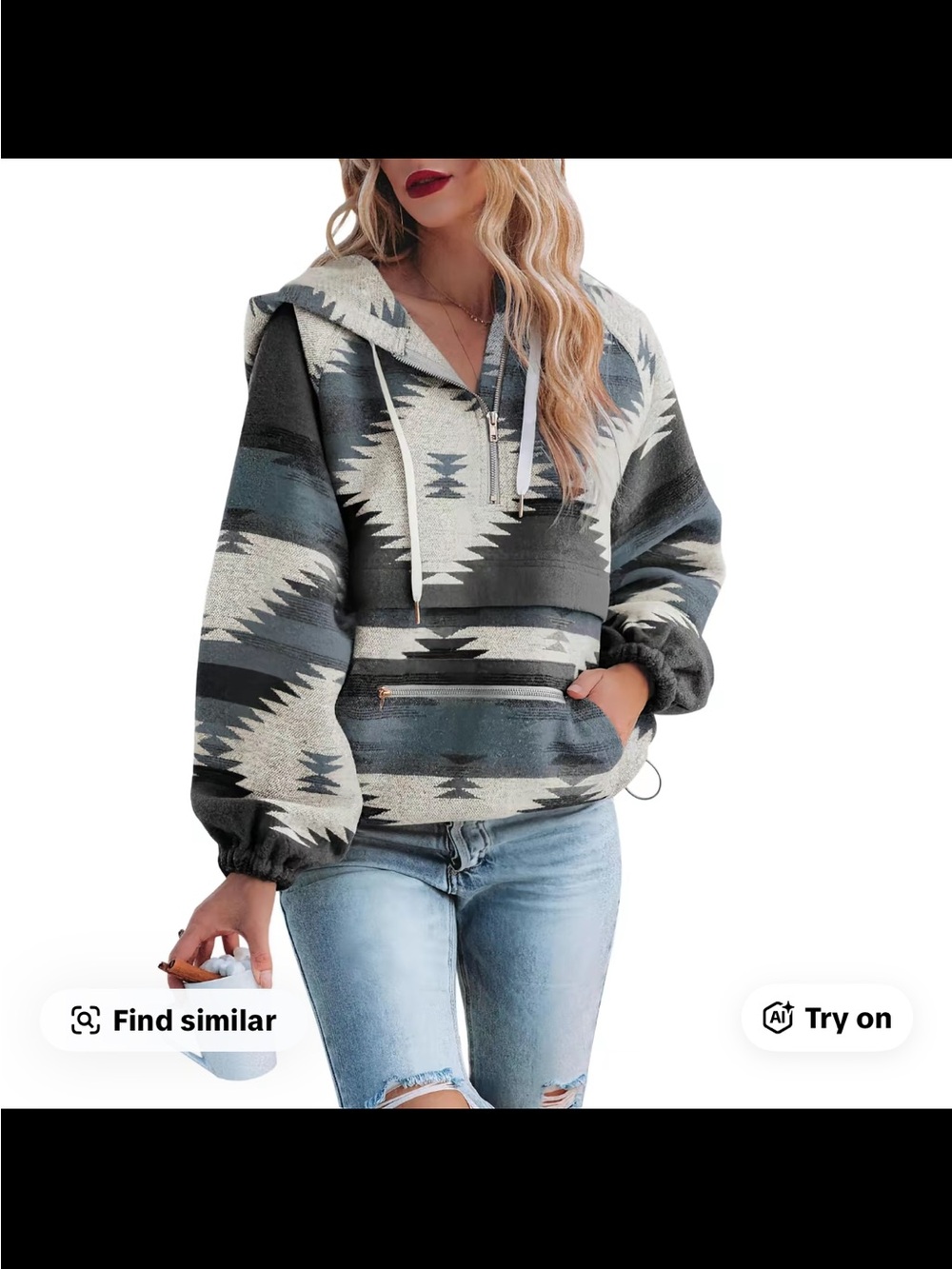 Aztec Hooded Pullover Sweatshirt in Gray